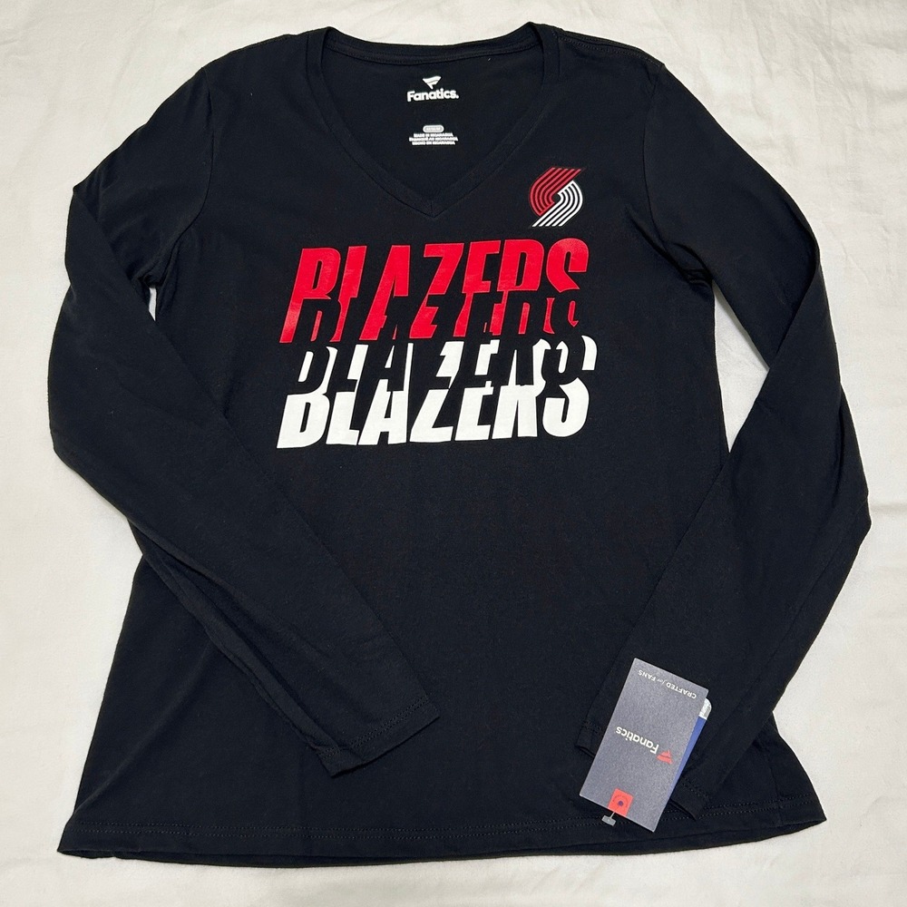 Fanatics Portland Trail Blazers Womens Black Long Sleeve V-Neck Graphic Tee Sz M